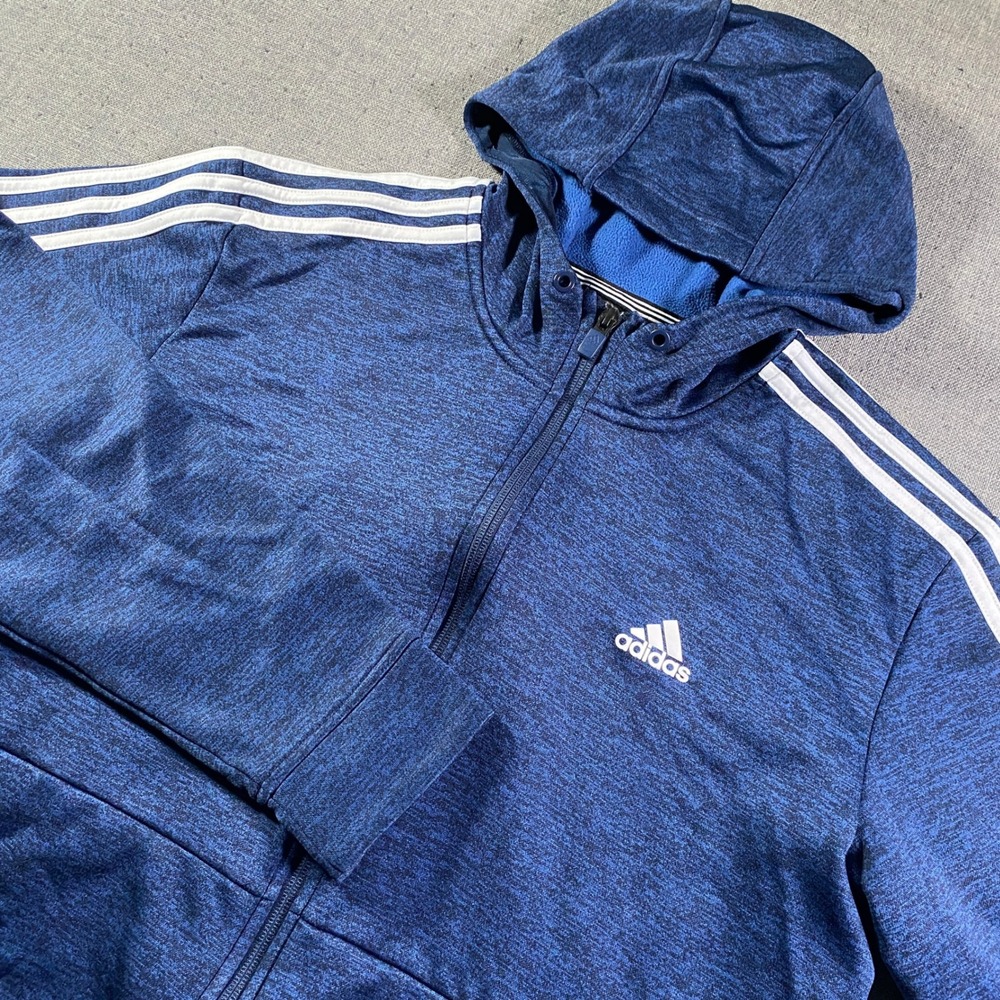 Adidas Men's Blue 3-Stripes Heather Full Zip Hoodie Athletic Track Jacket Large